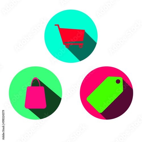 Set of three shopping theme icons including cart, bag and price tag