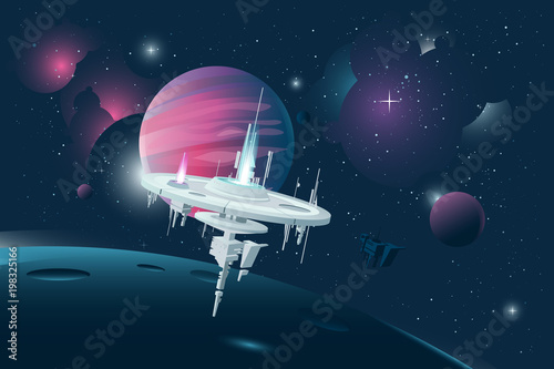 Fototapeta Naklejka Na Ścianę i Meble -  Space orbital stations orbiting around alien moon on colorful space background full of stars and nebulas