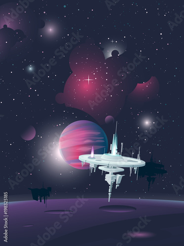 Fototapeta Naklejka Na Ścianę i Meble -  Space orbital stations orbiting moon with gas giant planet behind on blue space background