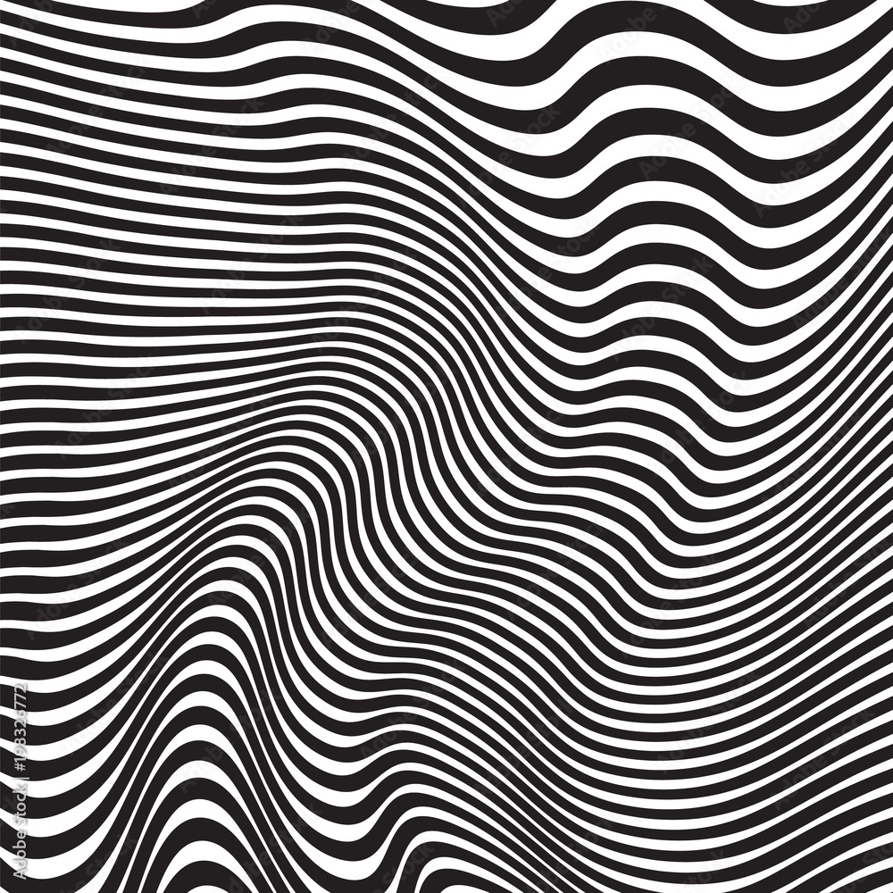 Geometric pattern. Vector. Black wavy stripes on white background. Abstract striped waves design. Optical illusion. Futuristic monochrome illustration. Geometric pattern. Vector. Black wavy stripes on white background. Abstract striped waves design. Optical illusion. Futuristic monochrome illustration.