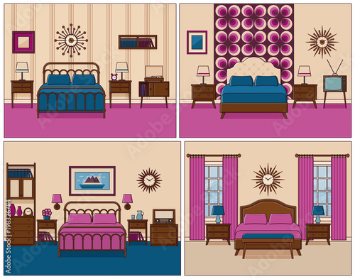 Bedroom interior. Hotel rooms with bed. Vector. Linear flat design illustration. Retro house furniture. Home space sketch in line art. Outline contour apartment. Set vintage backgrounds 1950s 1960s.