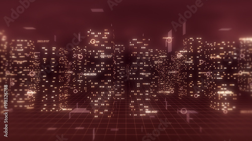 Abstract 3d city render with financial numbers around. Red theme.