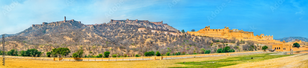 Panorama of Amer and Jaigarh Forts in Jaipur - Rajasthan, India