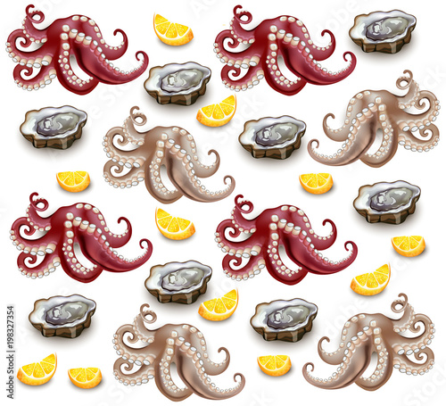 Octopus and oysters pattern Vector realistic. Detailed 3d illustrations