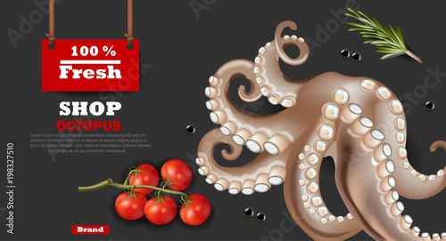 Fresh octopus banner Vector realistic. 3d detailed illustrations