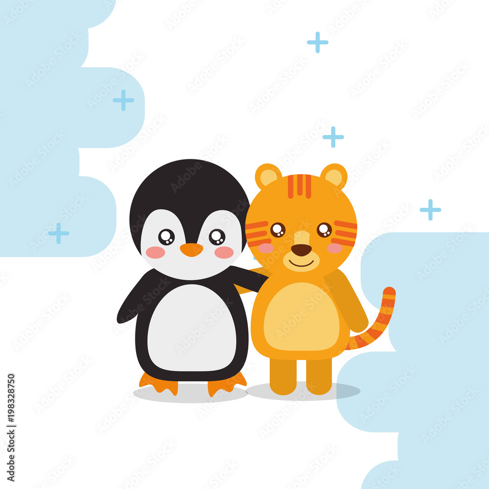 Fototapeta premium cute penguin tiger animals colored background vector illustration