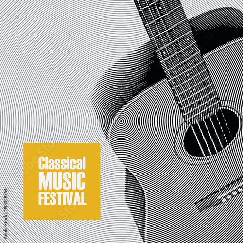 Vector banner for festival of classical music with a guitar in retro style on gray background