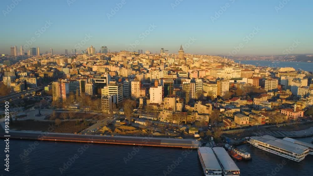Aerial drone shot of sunset in Istanbul, Turkie. From above, city centre, downtown. Bosphorus Aerial drone shot of sunset in Istanbul, Turkie. From above, city centre, downtown. Bosphorus