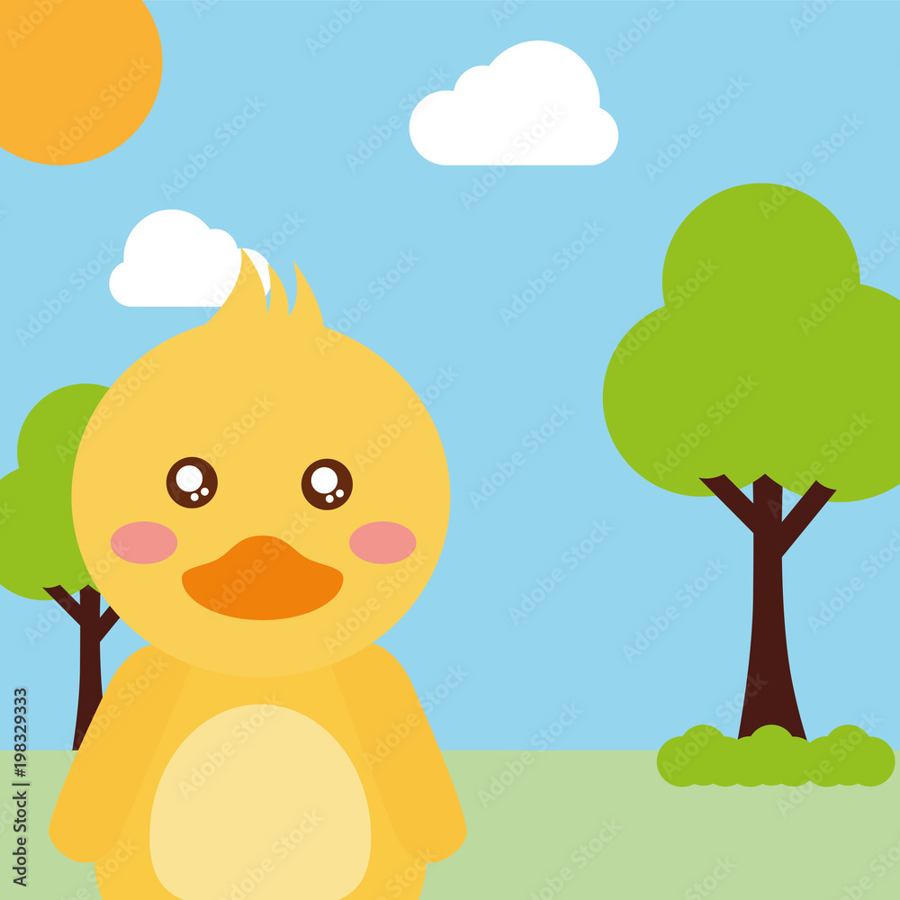 cute animal duck cartoon landscape trees clouds vector illustration cute animal duck cartoon landscape trees clouds vector illustration