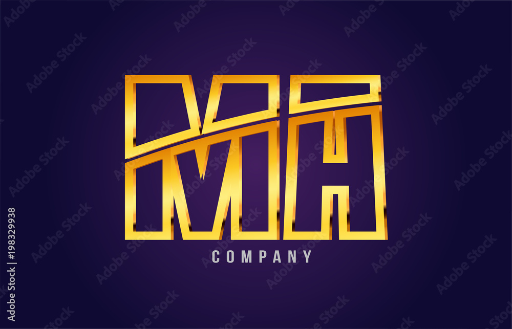 gold golden alphabet letter ma m a logo combination icon design