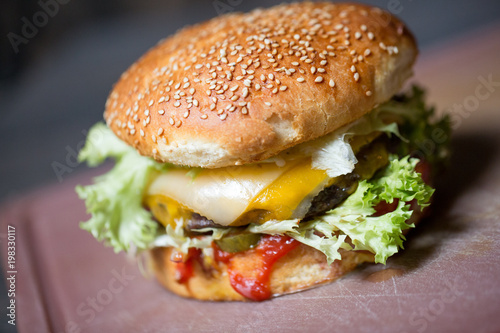 close up of tasty classic burger