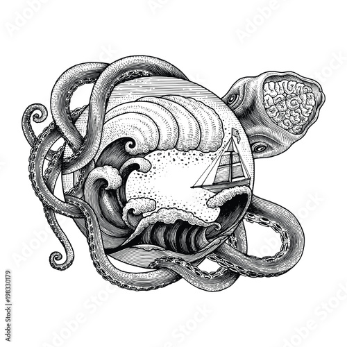 Giant octopus attacking ship and big ocean wave hand drawing vintage engraving illustration for tattoo