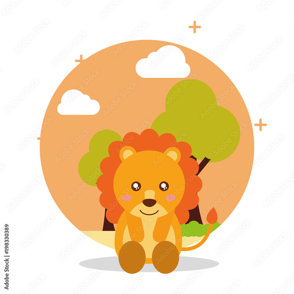 cute lion sit with landscape trees natural vector illustration cute lion sit with landscape trees natural vector illustration