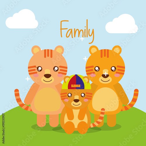 cute animals tigers family in landscape field vector illustration