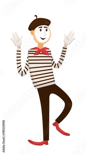 Mime with white makeup in striped shirt and black beret