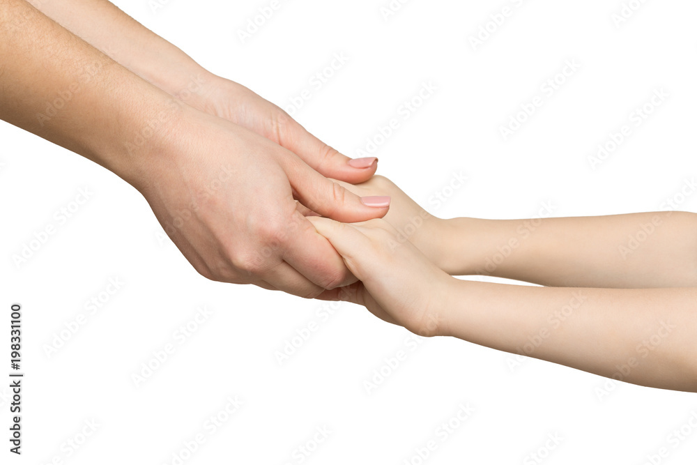 Mother holding hands of her child isolated
