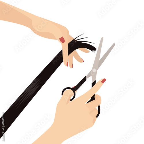 Elegant Woman Hands Cutting Hair, Hand Holding Scissors and Hand Holding Hair, Beauty Salon, Hairdresser, Hair Salon, Hairdressing, Flat Vector Illustration Isolated on White 