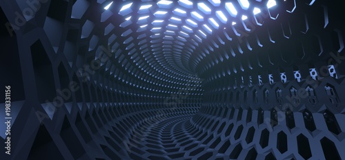 Fototapeta Naklejka Na Ścianę i Meble -  3D Rendering Of Abstract Hexagon Grid Mesh Tunnel