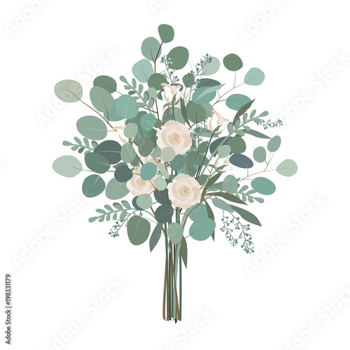 Wedding bouquet with rose flowers, seeded and silver dollar eucalyptus greenery.