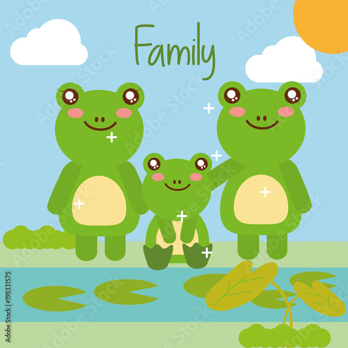 cute animals frog family in pond natural landscape vector illustration