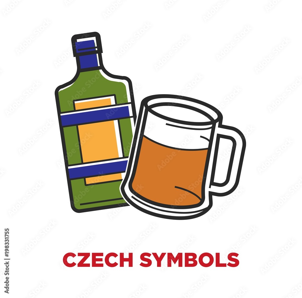 Czech symbols poster with bottle of liquor and mug of beer Czech symbols poster with bottle of liquor and mug of beer