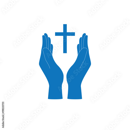 Christian cross and hands of worship and pray for church logo icon