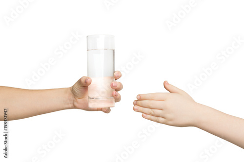 Woman giving glass of water to kid, isolated