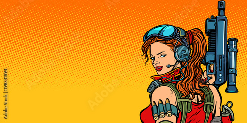 futuristic woman with guns close-up