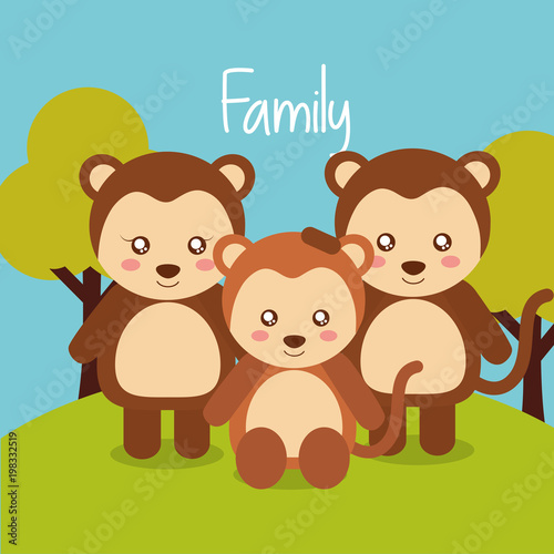 cute animals monkey family in landscape forest vector illustration