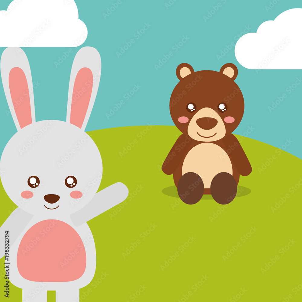 Fototapeta premium cute animals bear sitting rabbit waving hand character vector illustration