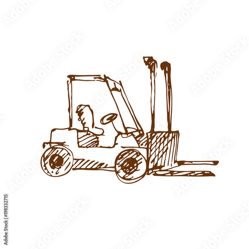 Hand drawn forklift truck. Sketch, vector illustration.