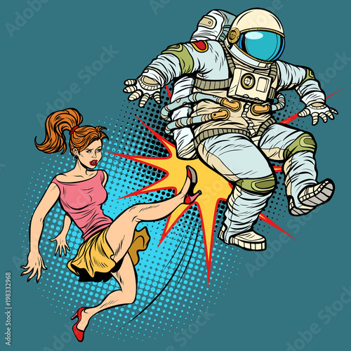 The woman kicks an astronaut family quarrel