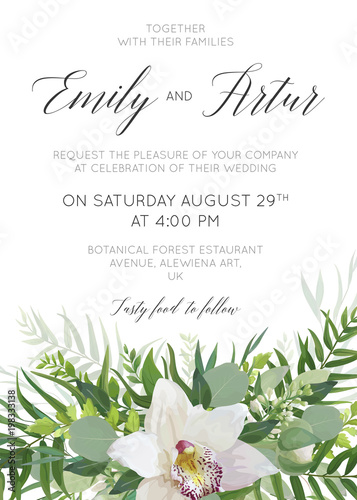 Wedding invitation, save the date card design with elegant white orchid flowers, greenery willow eucalyptus branches, tropical forest palm green leaves decoration. Beautiful, cute trendy vector layout