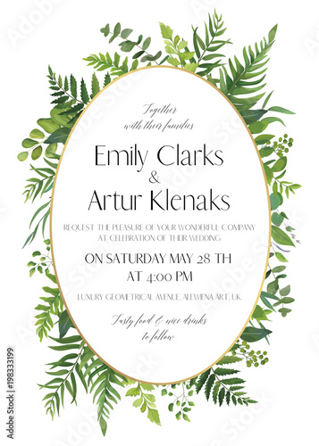 Wedding floral invitation, invite card. Vector watercolor style elegant design with natural, botanical green forest fern fronds, eucalyptus, palm leaves & greenery herbs & golden oval frame decoration