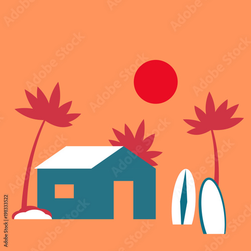 Beach house and surfboards vector illustration