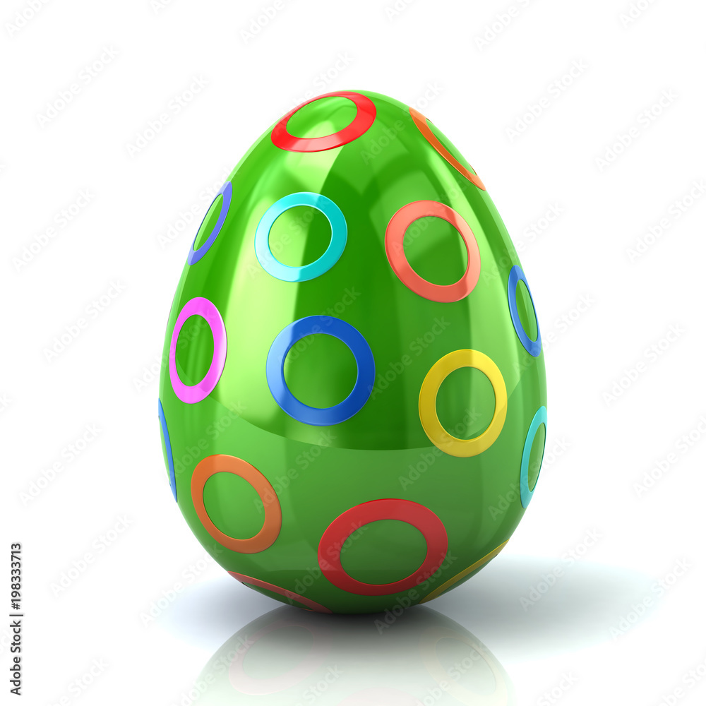 Green Easter egg with colorful cirles 3d illustration on white background