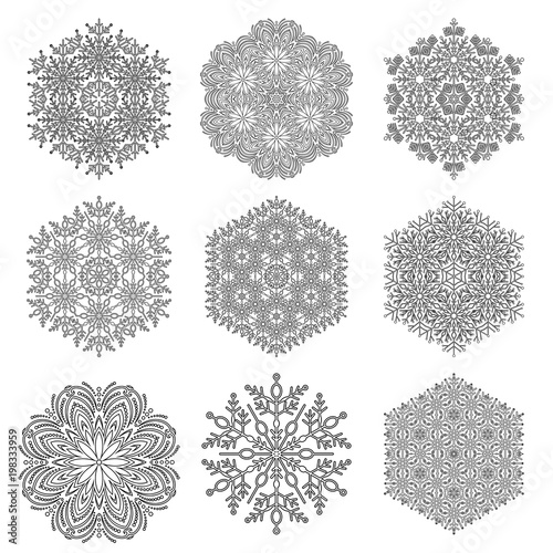 Set of vector snowflakes. Fine winter ornaments. Snowflakes collection. Black and white snowflakes for backgrounds and designs