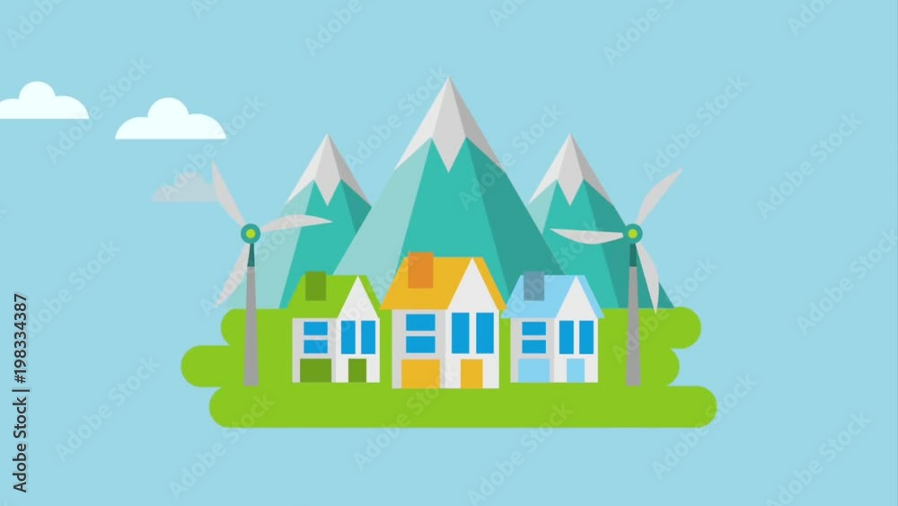 houses in the field with turbine winds mountains peaks ecology energy renewable animation hd houses in the field with turbine winds mountains peaks ecology energy renewable animation hd