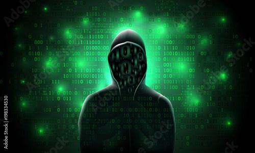 Silhouette of a hacker with binary code on a luminous green background, theft of data, hacking of a computer system