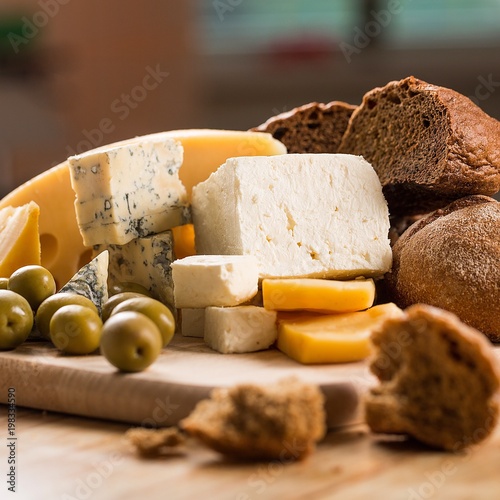 Assorted products breads, Cheese and Olives