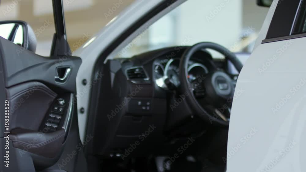 Mid-section shot of unrecognizable salesman in suit holding clipboard and opening door of new car at dealership