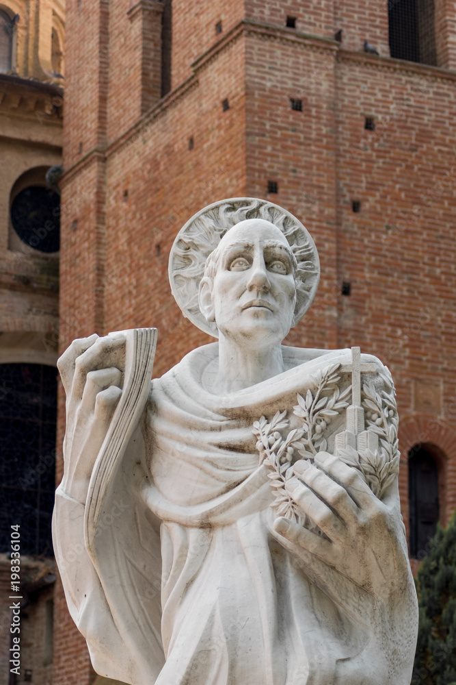 Saint Bernardo Tolomei statue in Romanesque Abbazia territoriale di Monte Oliveto Maggiore in Tuscany, Italy