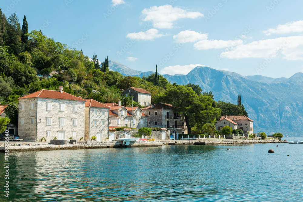 part of a promenade of popular resort town Perast, Montenegro