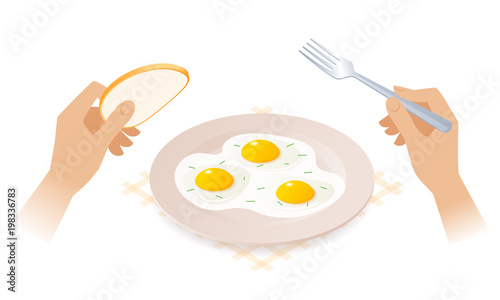 Flat isometric illustration of plate with scrambled eggs, hands holding fork, piece of bread. The morning eating of bread and omelette from ceramic dish. The breakfast, ingestion, food vector concept.