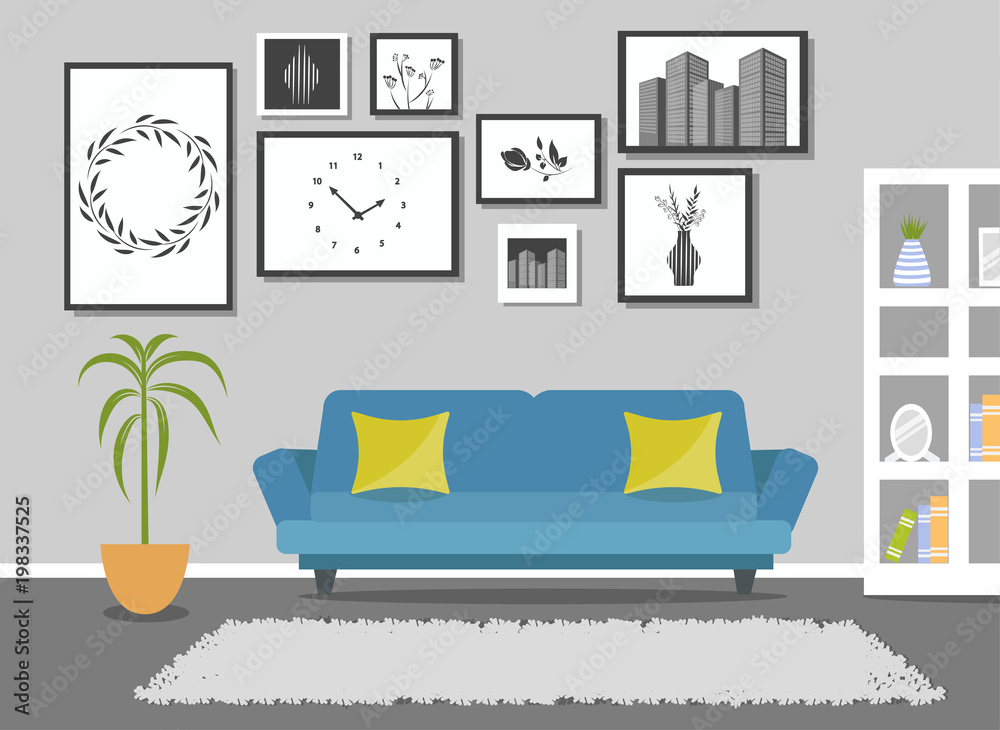 Modern design Living room interior. Design of a cozy room with a sofa ...