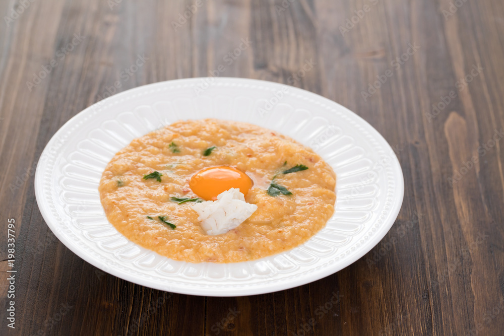 traditional portuguese dish bread with fish acorda on dish traditional portuguese dish bread with fish acorda on dish