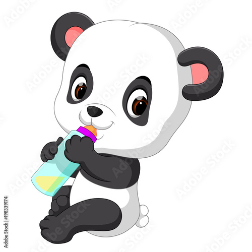 Fototapeta Naklejka Na Ścianę i Meble -  cute baby panda holding milk bottle