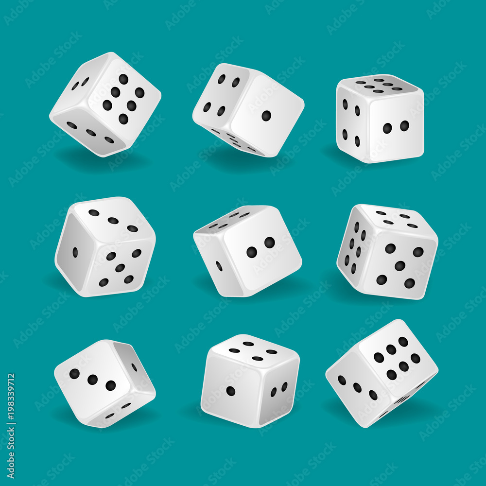 Set of realistic white game dice in different positions. Set of realistic white game dice in different positions.