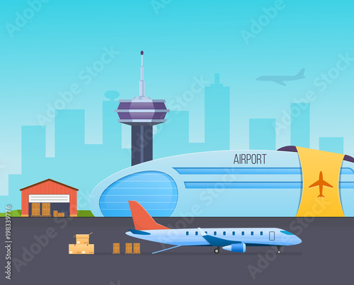 Airport, runway with airplanes, airport building. Loading goods from warehouse.