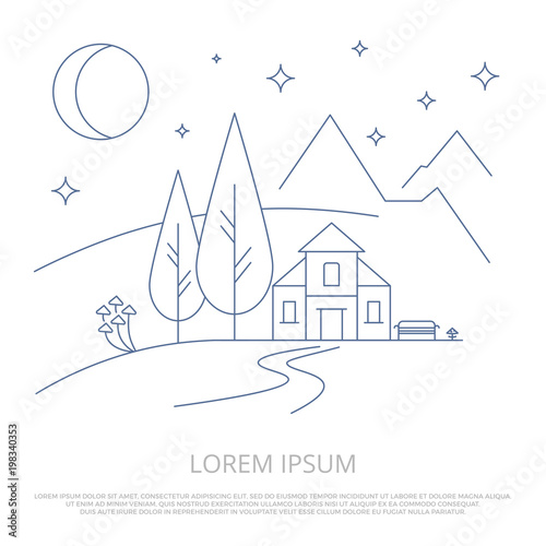 Summer mountains camp line background - forest landscape outline vector